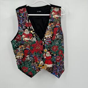 Womens Vintage Christmas Vest Size L Holiday Santa Poinsettia Novelty‎ Festive